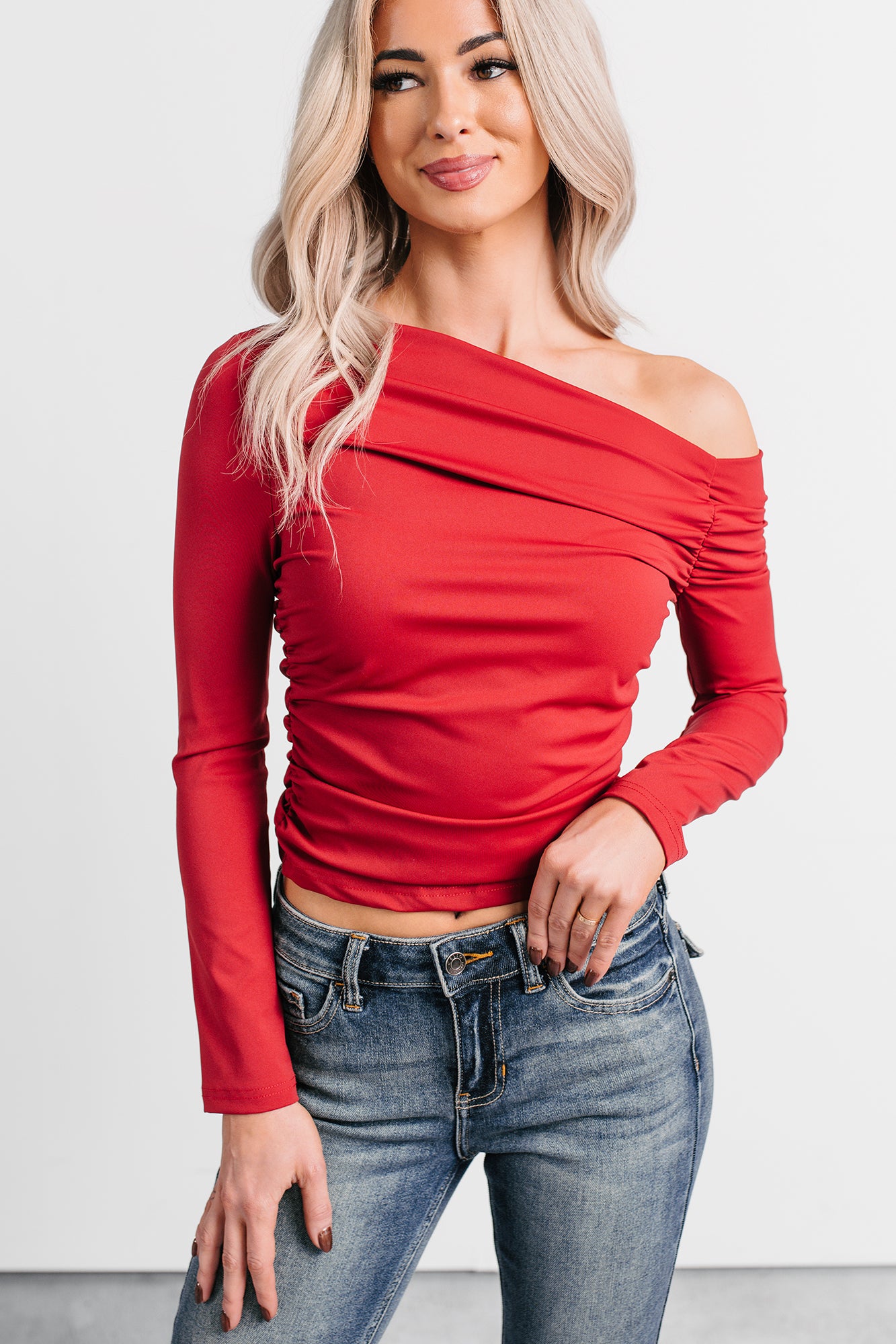 Just Lovely One Shoulder Long Sleeve Top (Red Burgundy) - NanaMacs