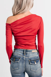 Just Lovely One Shoulder Long Sleeve Top (Red Burgundy) - NanaMacs