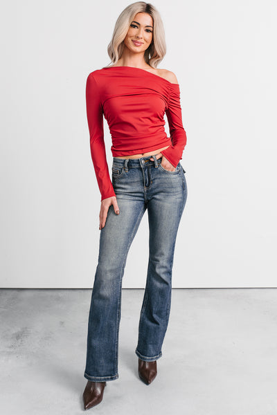 Just Lovely One Shoulder Long Sleeve Top (Red Burgundy)