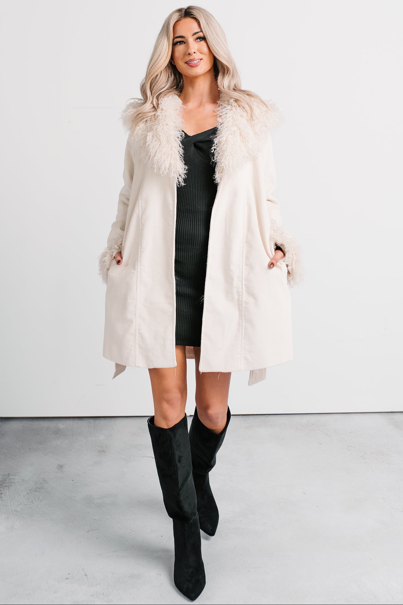 Power Pretty Fur Detailed Waist Tie Jacket (Sand) - NanaMacs