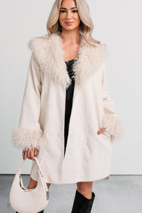 Power Pretty Fur Detailed Waist Tie Jacket (Sand) - NanaMacs