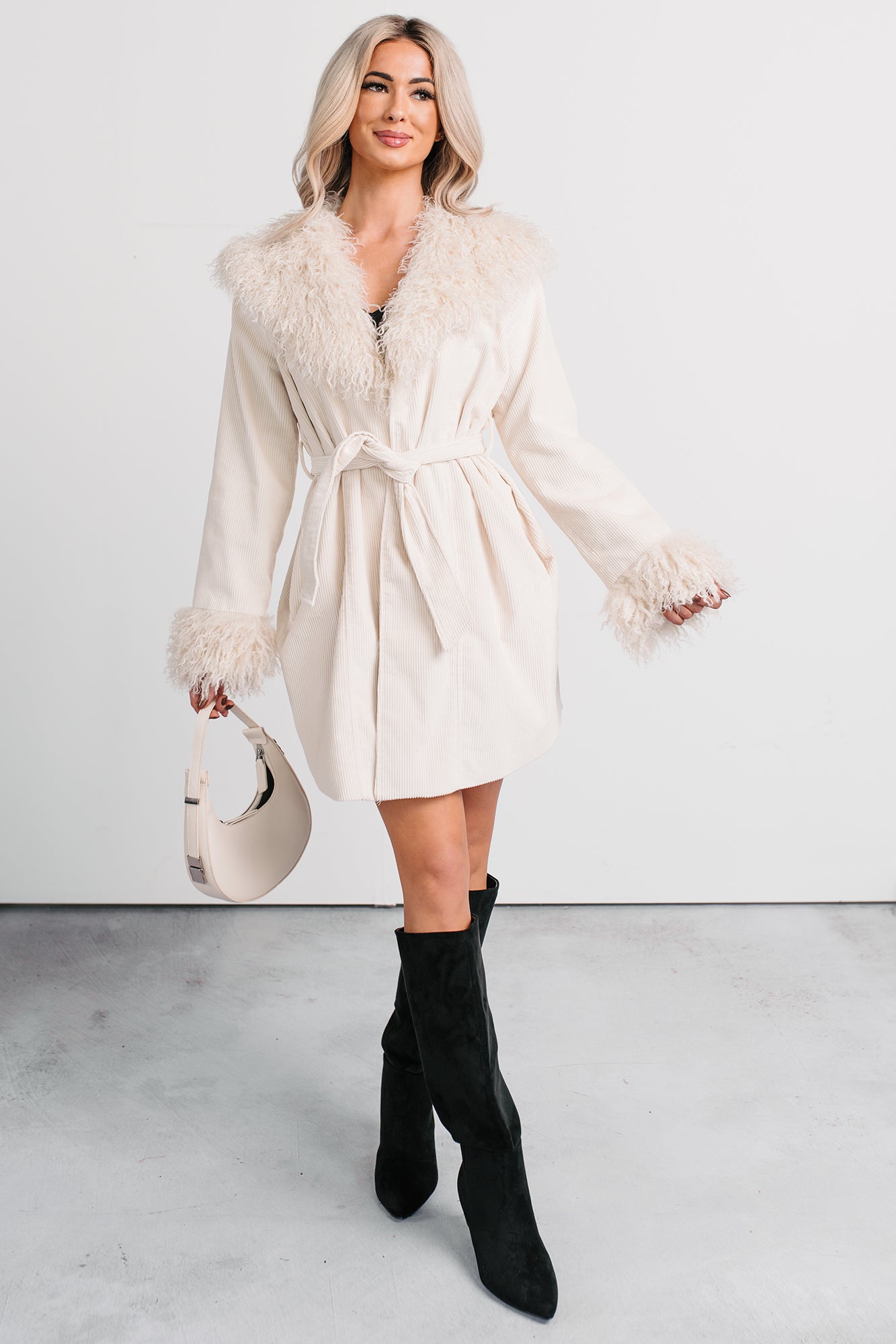 Power Pretty Fur Detailed Waist Tie Jacket (Sand) - NanaMacs