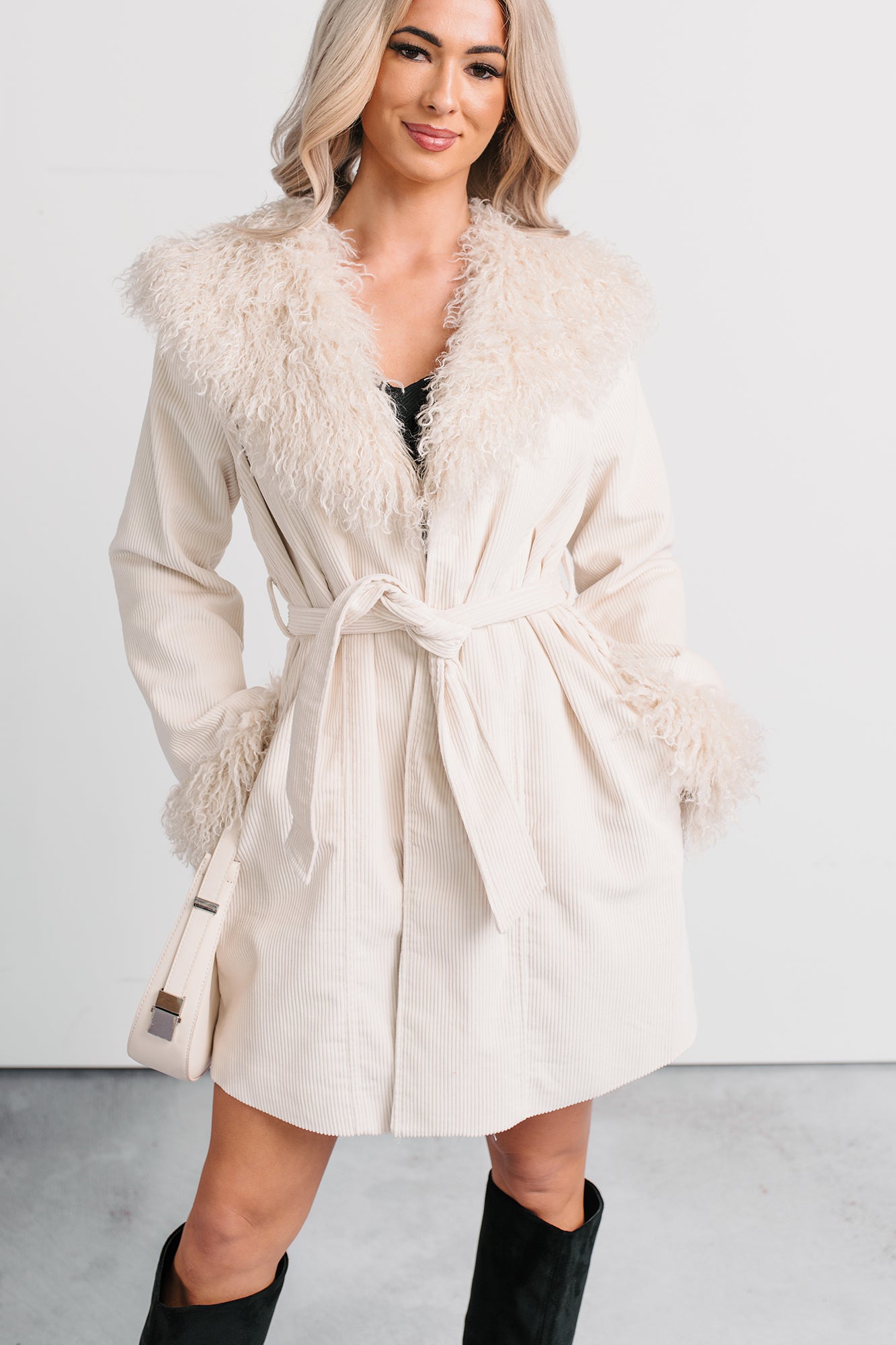 Power Pretty Fur Detailed Waist Tie Jacket (Sand) - NanaMacs