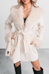 Power Pretty Fur Detailed Waist Tie Jacket (Sand) - NanaMacs