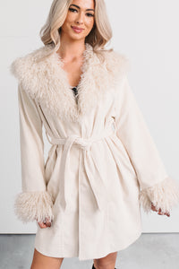 Power Pretty Fur Detailed Waist Tie Jacket (Sand) - NanaMacs