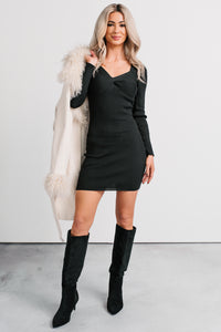 Hey Pretty Long Sleeve Ribbed Mini Dress (Black) - NanaMacs