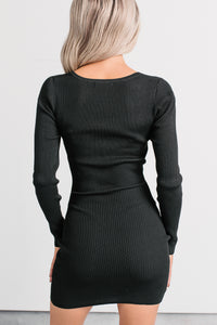 Hey Pretty Long Sleeve Ribbed Mini Dress (Black) - NanaMacs