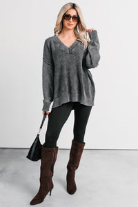 Keep It Cozy Acid Wash V Neck Sweater (Charcoal) - NanaMacs