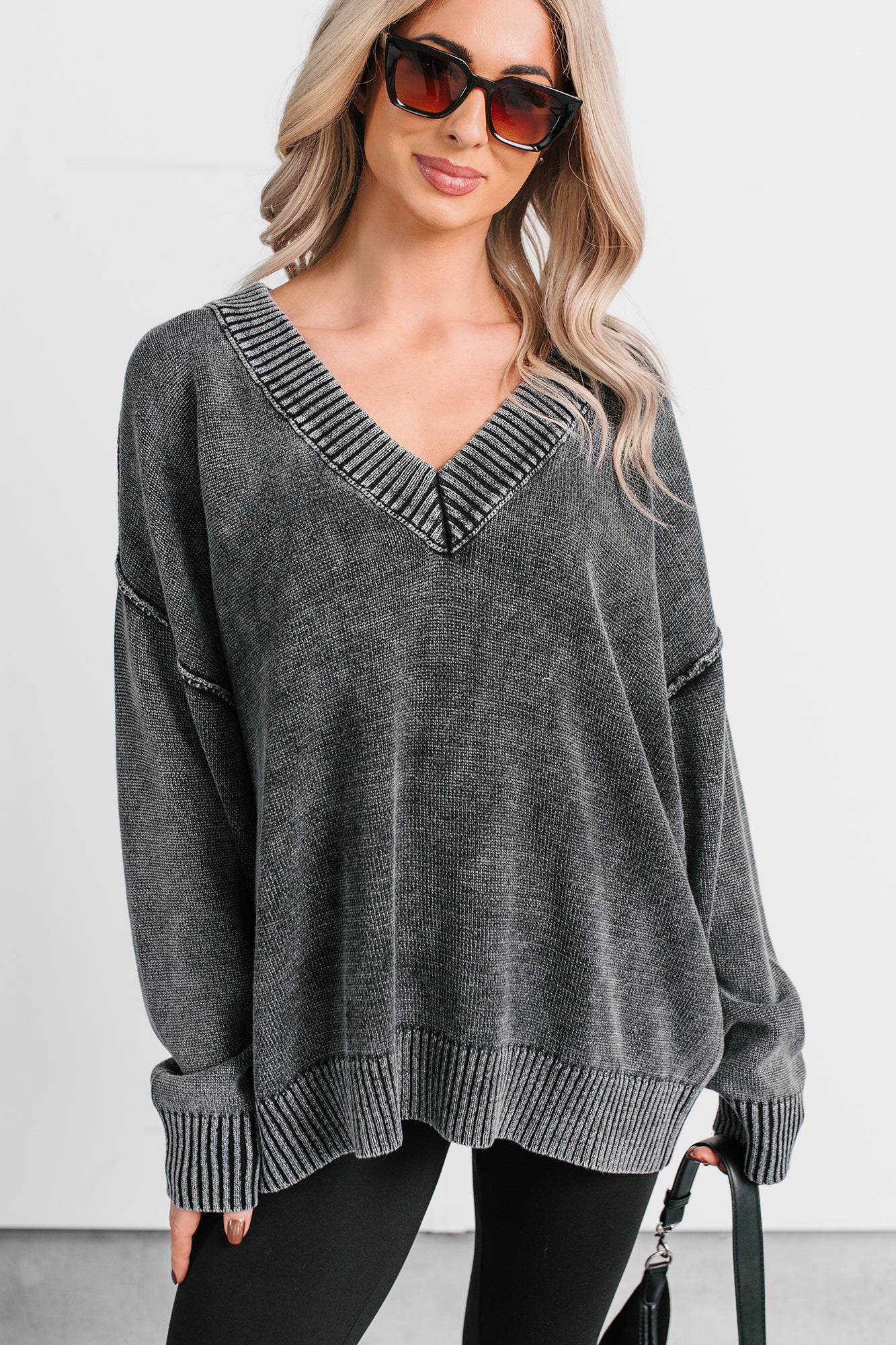 Keep It Cozy Acid Wash V Neck Sweater (Charcoal) - NanaMacs