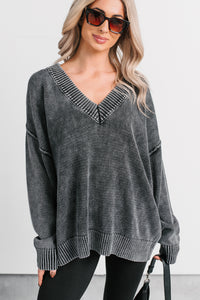 Keep It Cozy Acid Wash V Neck Sweater (Charcoal) - NanaMacs