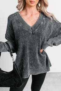 Keep It Cozy Acid Wash V Neck Sweater (Charcoal) - NanaMacs