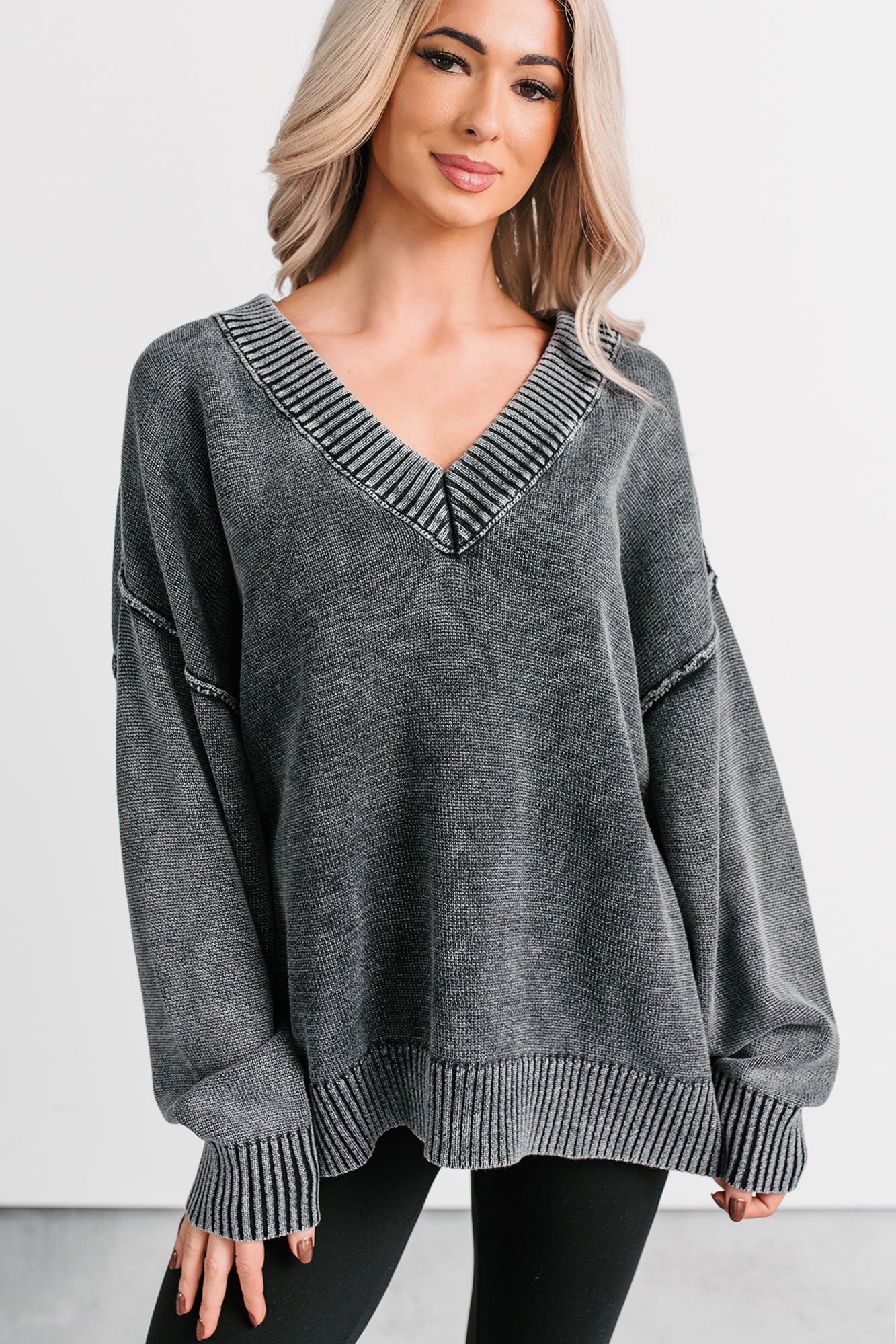 Keep It Cozy Acid Wash V Neck Sweater (Charcoal) - NanaMacs
