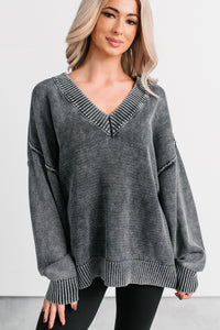 Keep It Cozy Acid Wash V Neck Sweater (Charcoal) - NanaMacs