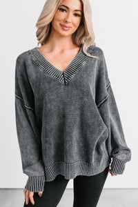 Keep It Cozy Acid Wash V Neck Sweater (Charcoal) - NanaMacs