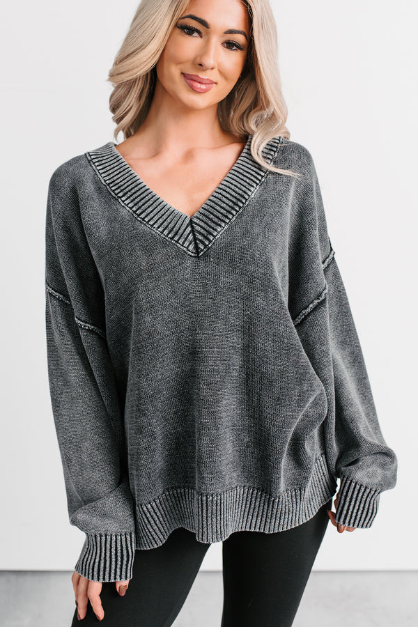 Keep It Cozy Acid Wash V Neck Sweater (Charcoal)