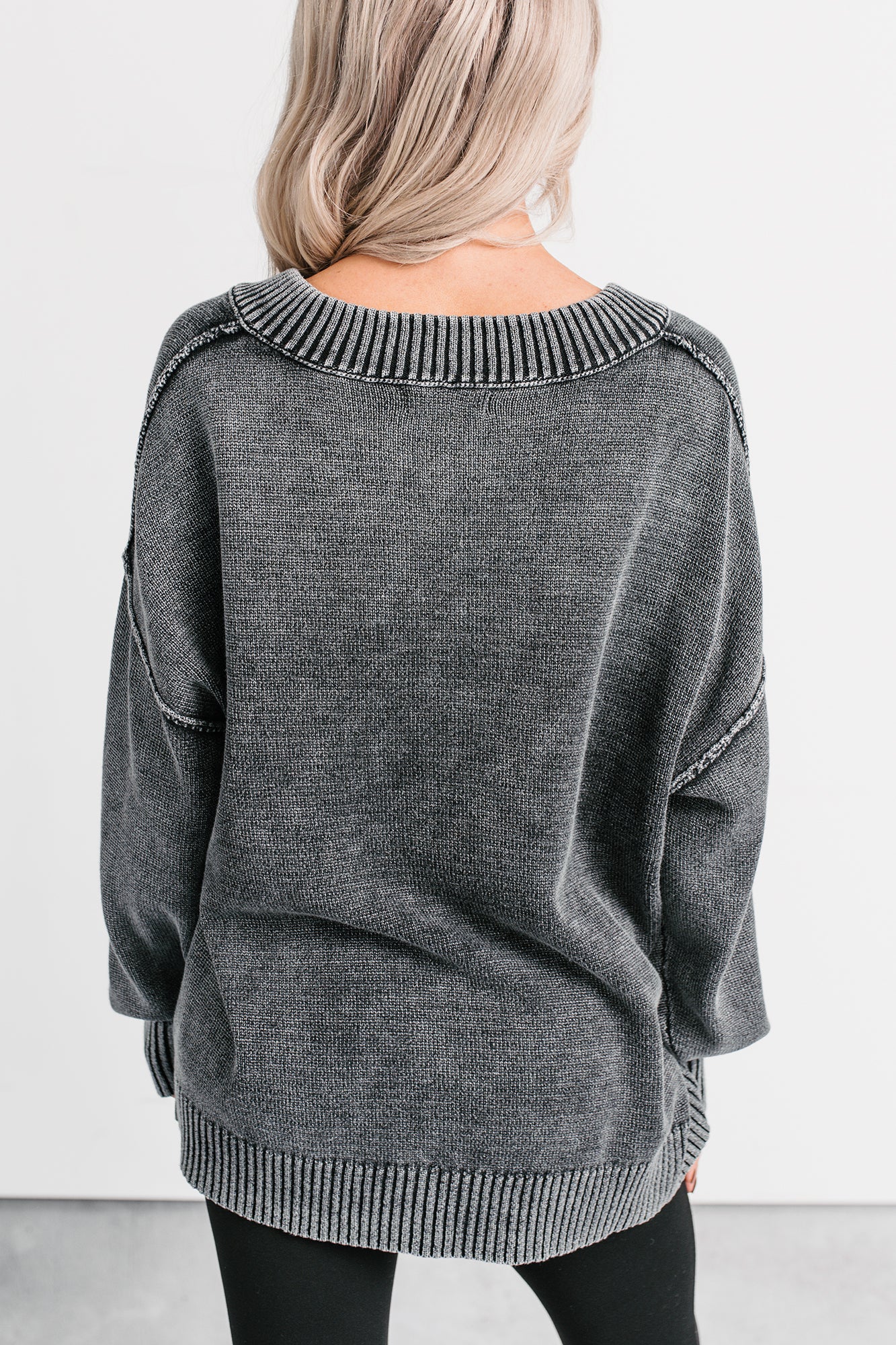 Keep It Cozy Acid Wash V Neck Sweater (Charcoal) - NanaMacs