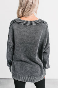 Keep It Cozy Acid Wash V Neck Sweater (Charcoal) - NanaMacs
