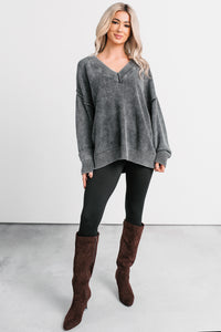 Keep It Cozy Acid Wash V Neck Sweater (Charcoal) - NanaMacs