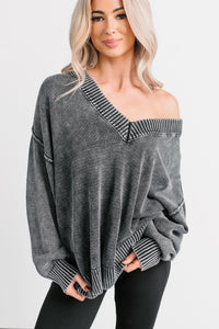 Keep It Cozy Acid Wash V Neck Sweater (Charcoal) - NanaMacs