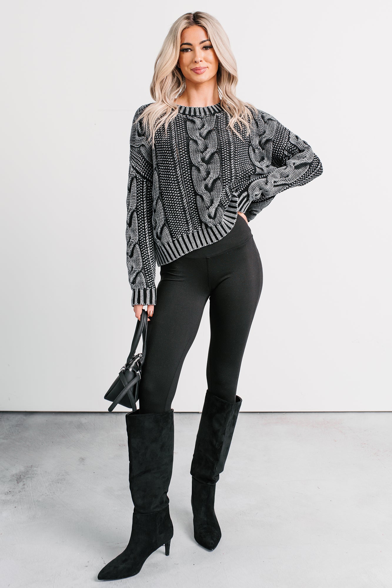 Chilly Nights Acid Wash Cable Knit Sweater (Charcoal) - NanaMacs