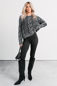 Chilly Nights Acid Wash Cable Knit Sweater (Charcoal) - NanaMacs