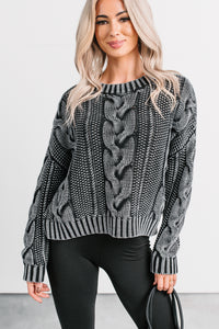 Chilly Nights Acid Wash Cable Knit Sweater (Charcoal) - NanaMacs