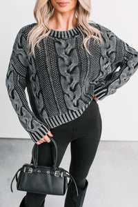 Chilly Nights Acid Wash Cable Knit Sweater (Charcoal) - NanaMacs