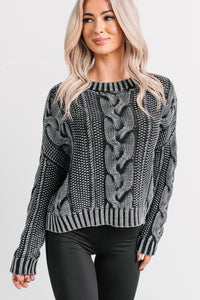 Chilly Nights Acid Wash Cable Knit Sweater (Charcoal) - NanaMacs