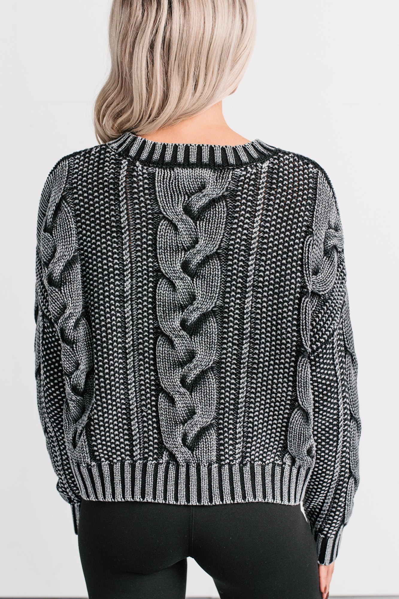 Chilly Nights Acid Wash Cable Knit Sweater (Charcoal) - NanaMacs