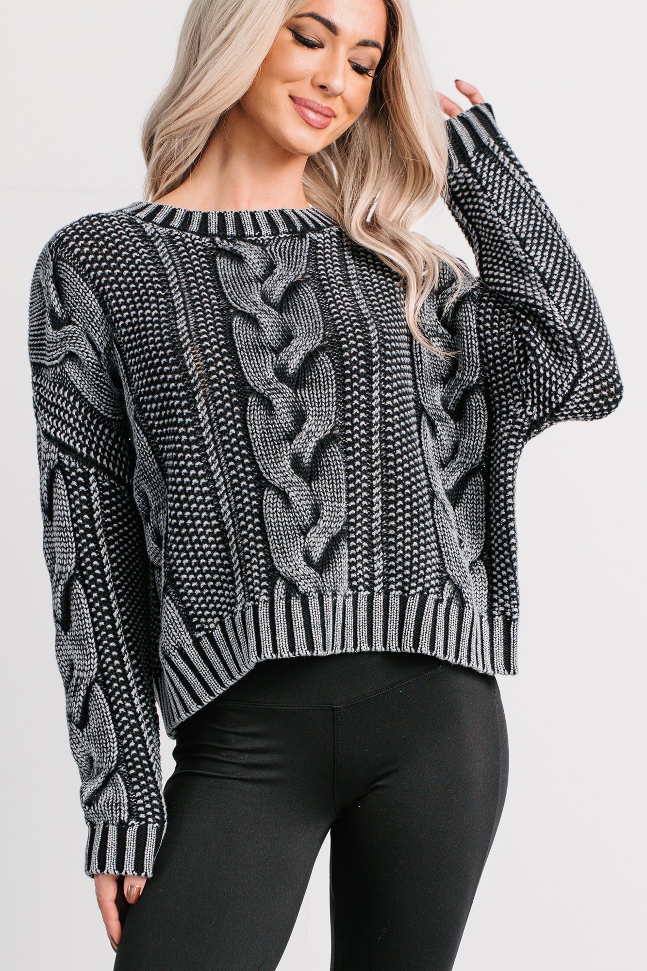 Chilly Nights Acid Wash Cable Knit Sweater (Charcoal) - NanaMacs