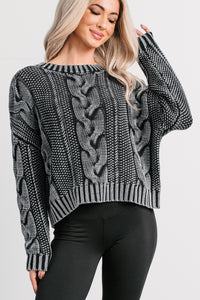Chilly Nights Acid Wash Cable Knit Sweater (Charcoal) - NanaMacs
