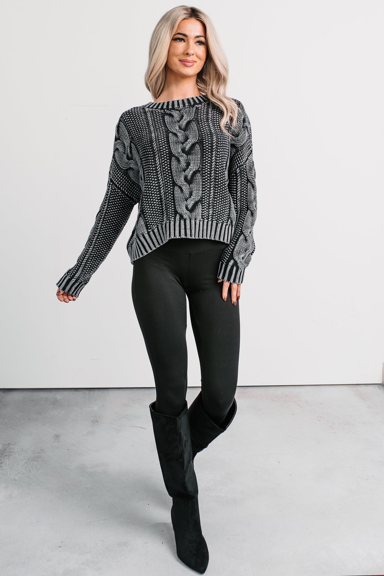 Chilly Nights Acid Wash Cable Knit Sweater (Charcoal) - NanaMacs