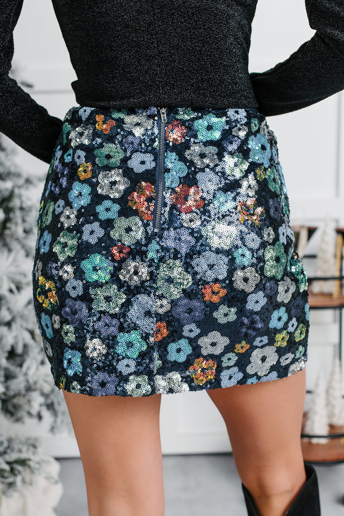 Fresh Picked Floral Sequin Mini Skirt (Midnight) - NanaMacs