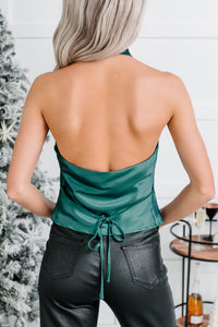 Elevated Ease Sleeveless Halter Satin Top (Emerald) - NanaMacs