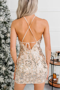All Glam Now Halter Sequin Mini Dress (Champagne) - NanaMacs