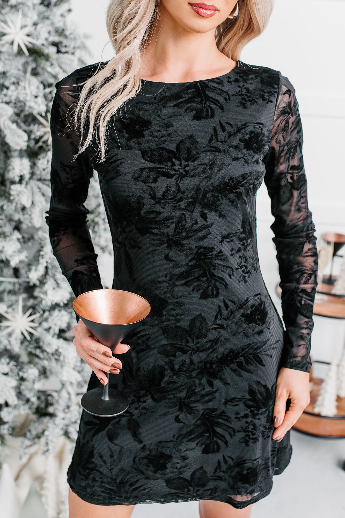 Flirty Rush Floral Long Sleeve Mini Dress (Black) - NanaMacs