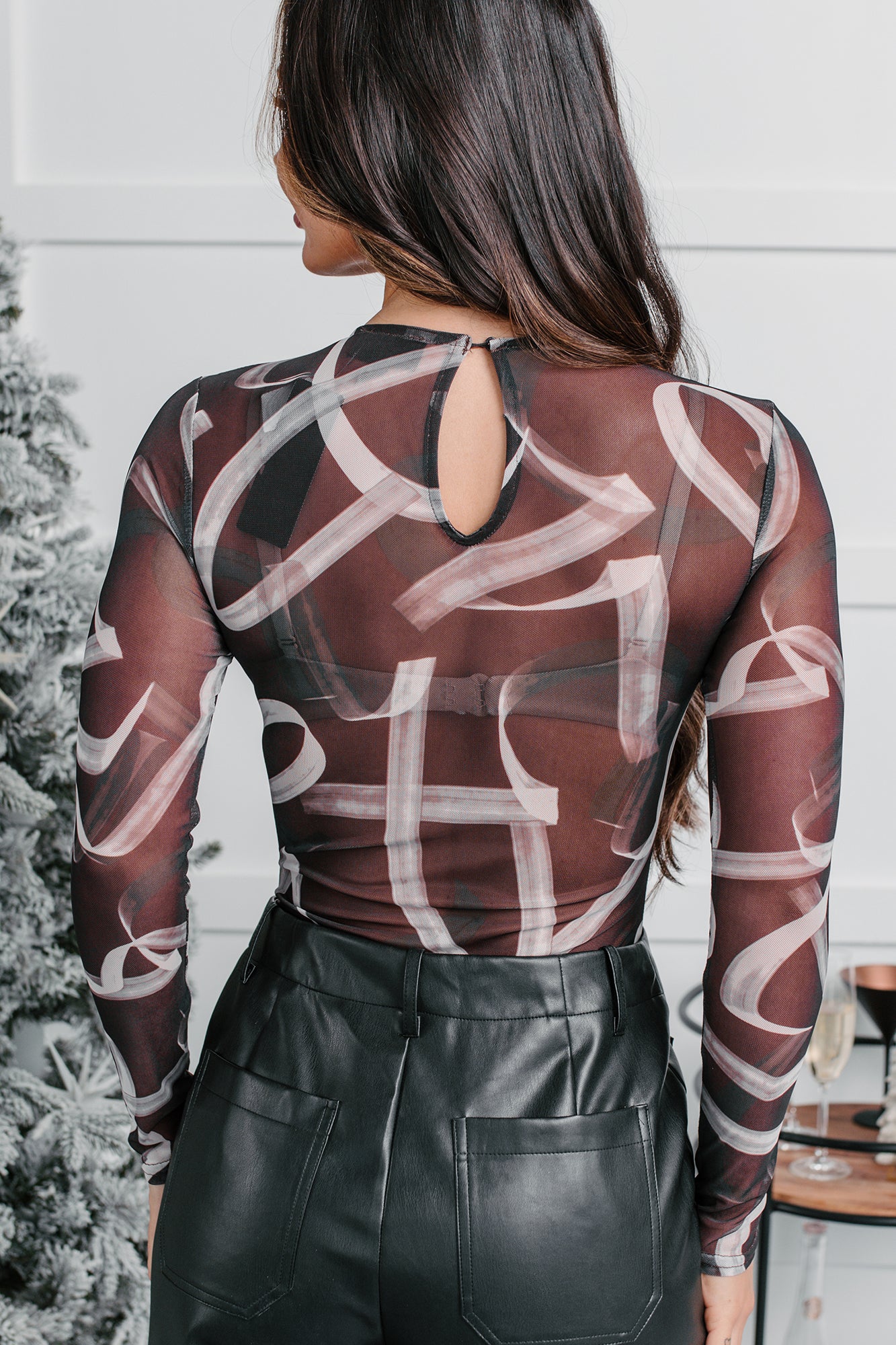 Own It All Abstract Print Mesh Bodysuit (Chocolate Brown) - NanaMacs