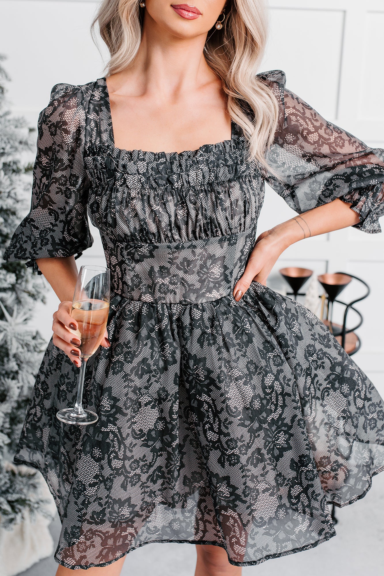 Vintage Feels Puff Sleeve Floral Mini Dress (Black) - NanaMacs