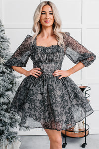 Vintage Feels Puff Sleeve Floral Mini Dress (Black) - NanaMacs