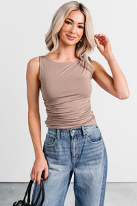 Her Tempo Sleeveless Ruched Side Top (Light Mocha) - NanaMacs
