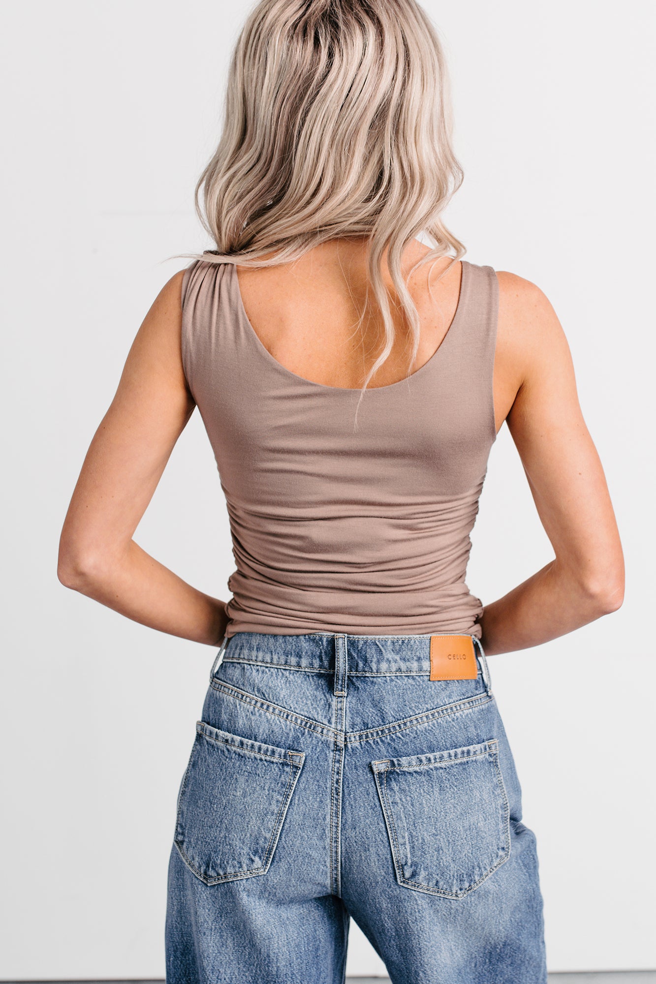 Her Tempo Sleeveless Ruched Side Top (Light Mocha) - NanaMacs