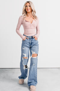 Keep On Going Long Sleeve Henley Top (Blush Pink) - NanaMacs