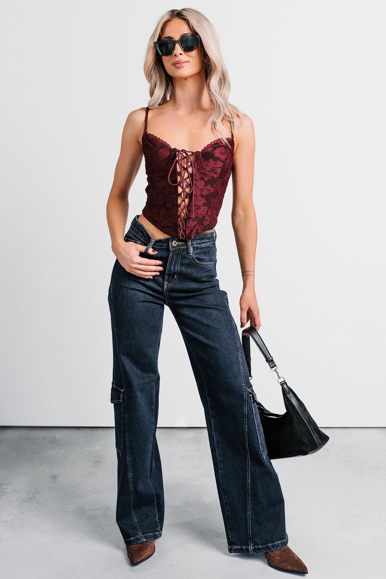 Urban Darling Floral Corset Crop Top (Burgundy) - NanaMacs