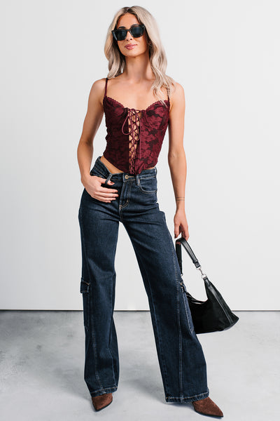 Urban Darling Floral Corset Crop Top (Burgundy)