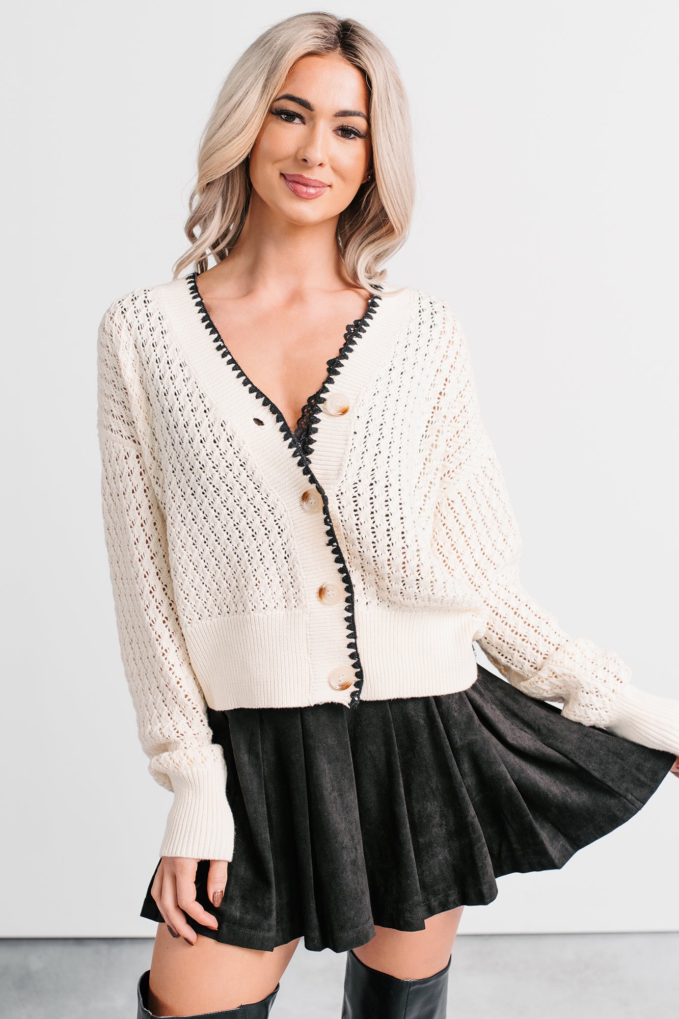 Darling Hour Cable Knit Contrast Cardigan (Ivory/Black) - NanaMacs