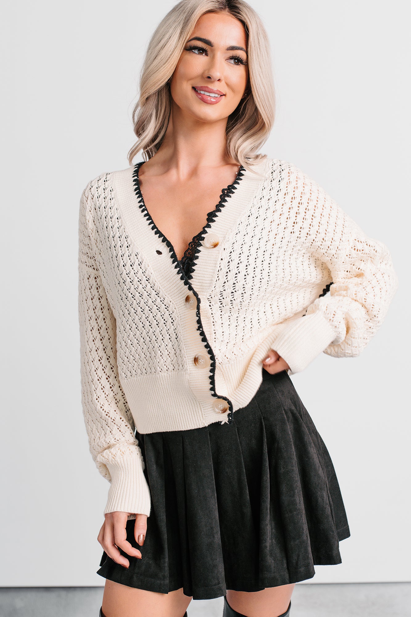 Darling Hour Cable Knit Contrast Cardigan (Ivory/Black) - NanaMacs