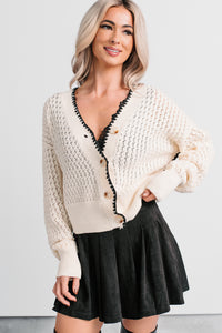 Darling Hour Cable Knit Contrast Cardigan (Ivory/Black) - NanaMacs