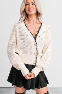 Darling Hour Cable Knit Contrast Cardigan (Ivory/Black) - NanaMacs