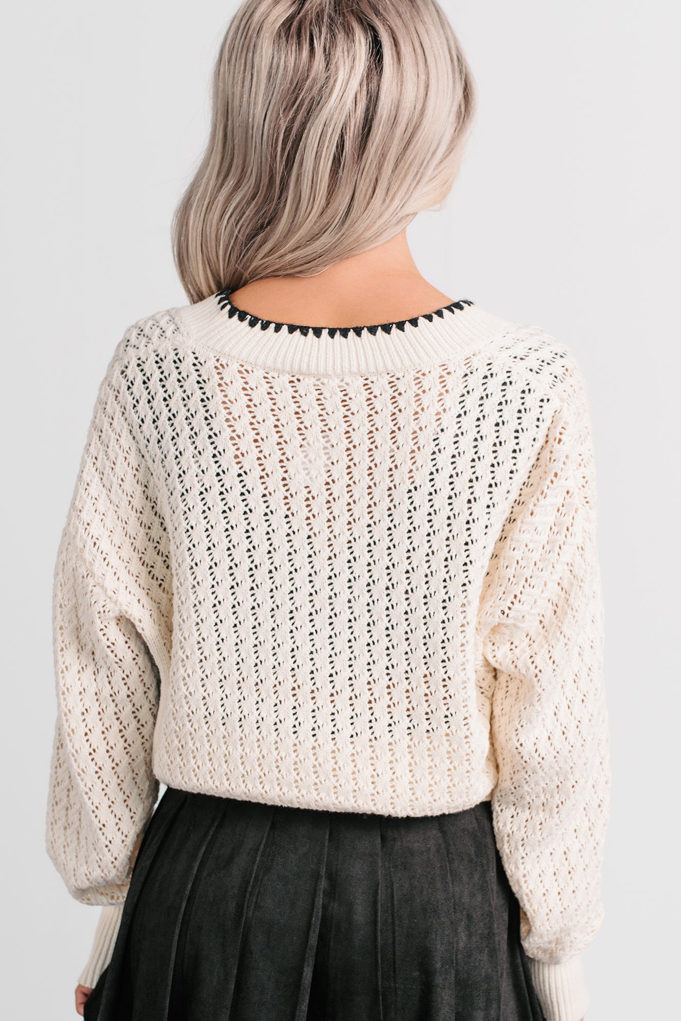 Darling Hour Cable Knit Contrast Cardigan (Ivory/Black) - NanaMacs