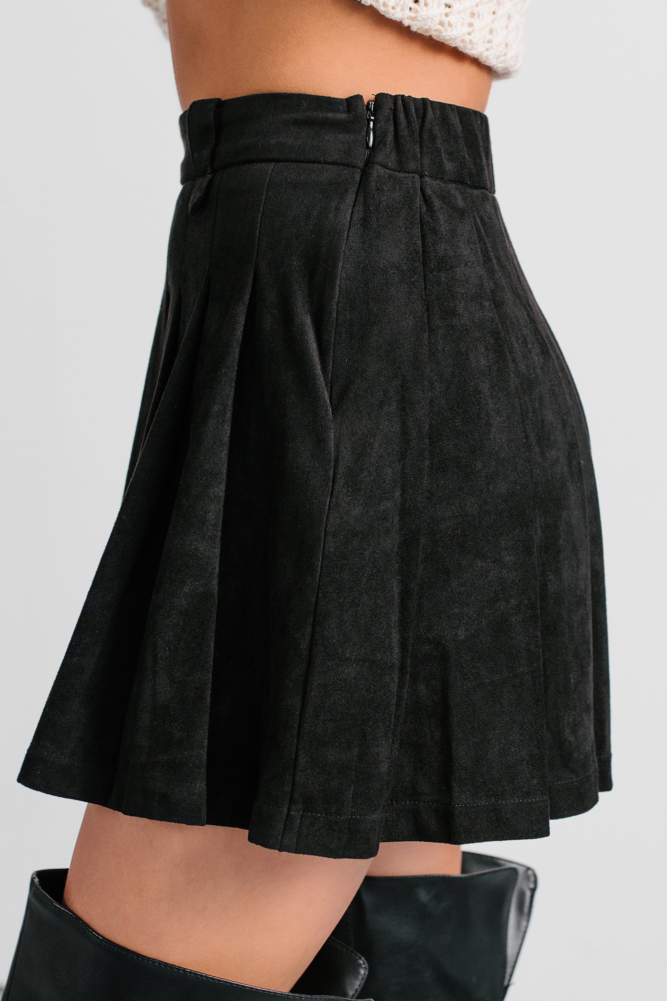 Unbothered Era Faux Suede Pleated Mini Skirt (Black) - NanaMacs